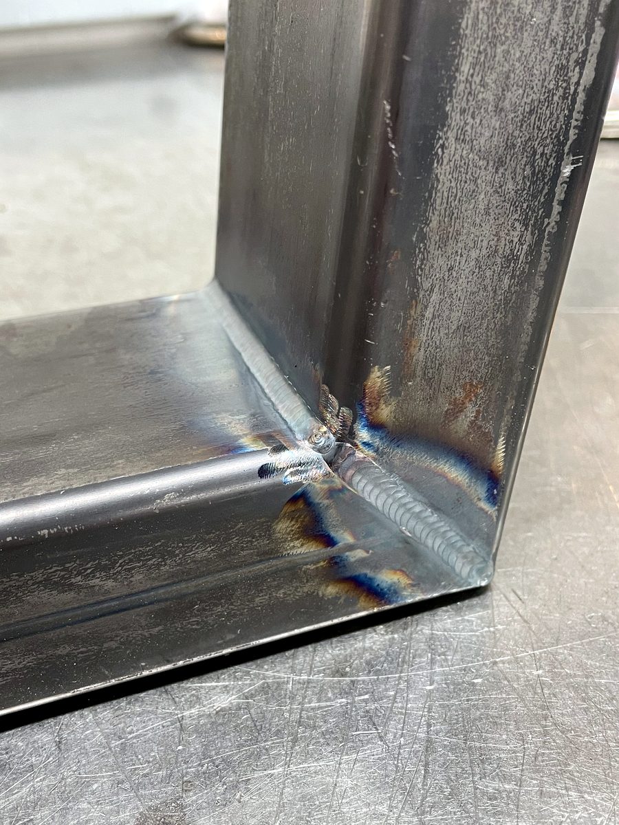 Welded corner of a mild steel box-section frame